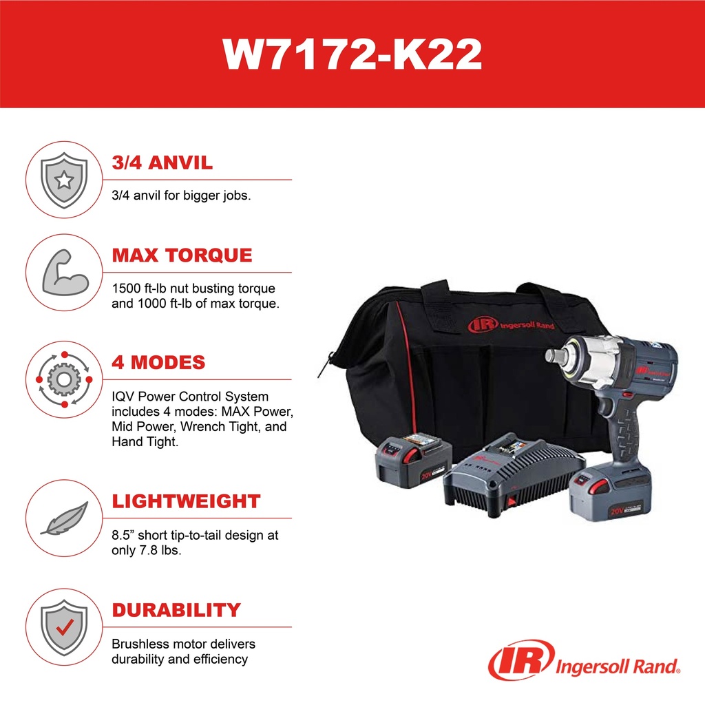 W7172-K22B-EU Kit Clé à chocs sans fil 3/4'' 2040 Nm Ingersoll Rand