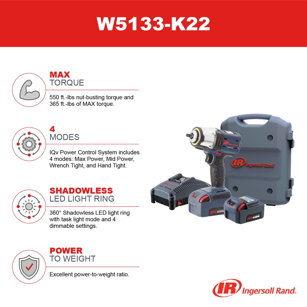 W5133-K22A-EU Clé à chocs sans fil 3/8'' 20V Ingersoll Rand