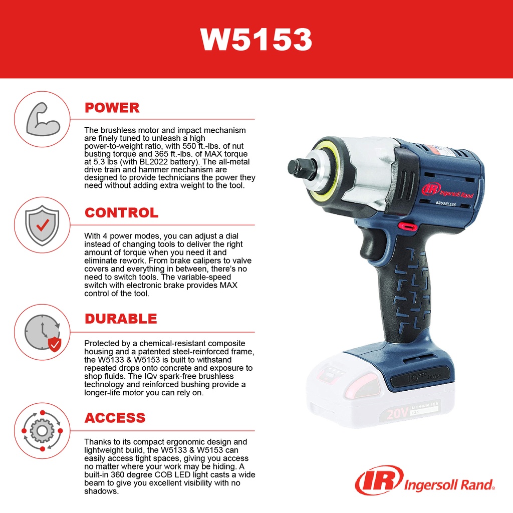 W5153 Clé à chocs sans fil 1/2'' 20V Ingersoll Rand (outil seul)