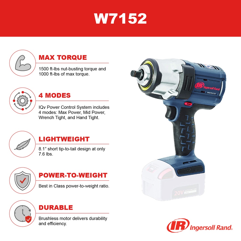 W7152 Clé à chocs sans fil 1/2'' 2040 Nm Ingersoll Rand (outil seul)